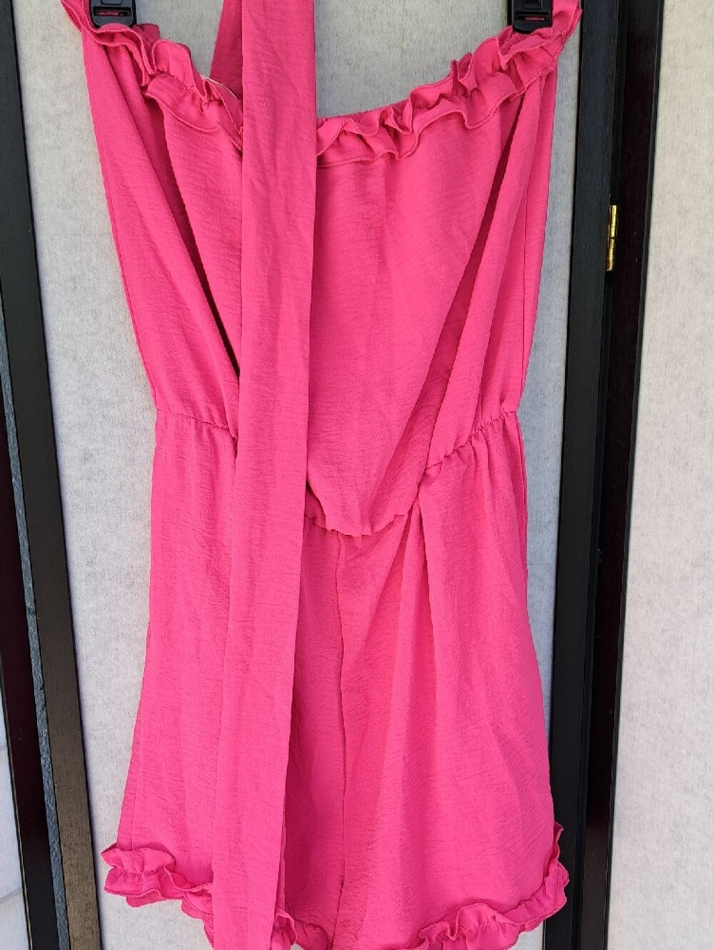 chic Hot Pink Ruffle Strapless Romper - Picture 7 of 8